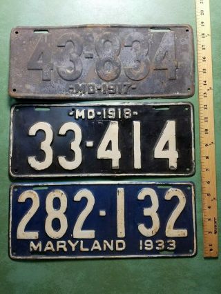 Six Early Maryland License Plate 1917,  1918,  1933,  1935,  1936 3
