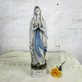 Antique Porcelain Bisque Statue Virgin Mary Madonna Of The Roses Folded Hands