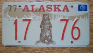 Single Alaska License Plate - 1977 - 17 76 - Kodiak Bear