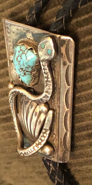 Zuni Attr Dan Simplicio Bolo Snake Leaves Webbed Turquoise Sterling Silver.  925