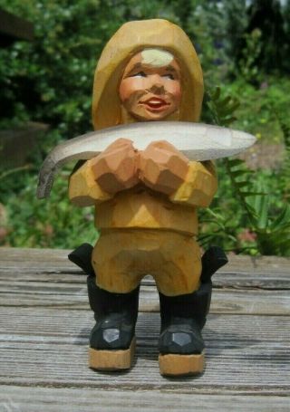 Henning Norway Wooden Hand Carved Boy Large Fish Man Wood Figurine 5 1/2 " Yellow