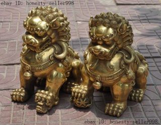 Chinese Brass Fengshui Evil Beast Foo Fu Dog Guardian Door Lion Statue Pair