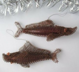 Set 2 Very Rare Fish Antique Xmas Decor Christmas Ornament Russian Wire,  Glass1