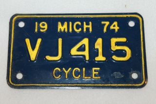 Vintage 1974 Michigan Motorcycle License Plate - Tag Vj415