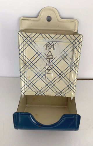 Vintage Tin Metal Wall Mount Match Box Stick Matches Holder Blue And White