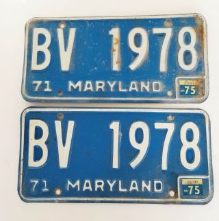 1971 Blue/white Letter Maryland Truck License Plate Set – Bv 1978