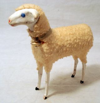 Antique German 5.  25 " Wooly Sheep W/ Collar & Bell Putz Stick Leg Figurine