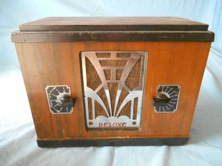 1934 Art Deco Deluxe Jr Chrome Grill 4 Tube Wood Table Radio Model 45 Mfgr 1731