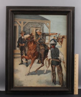 Signed American Western Cowboy & Horses Illustration Gouache Painting