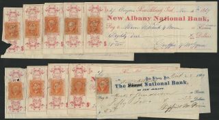 10 Bank Checks Albany National Bank Indiana W 2c R15 Revenue Stamps 1869