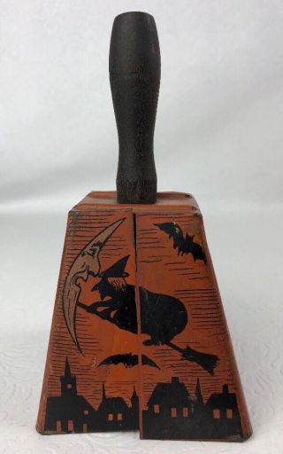 Vtg Halloween Bell Tin Lithographed Noisemaker Wood Handle Witch Bat Cat 