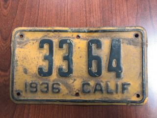 1936 California Cal Motorcycle License Plate No.  3364