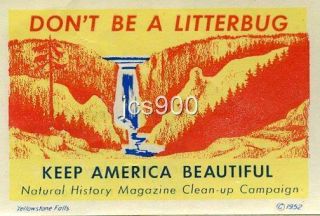 Vintage Yellowstone Falls Wyoming " Litterbug " Travel Decal Car Window Label 1952