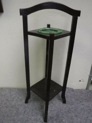 Vintage Standing Wooden Ashtray With Green Depression Glass Ashtray - Match Holder