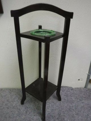 Vintage Standing Wooden Ashtray With Green Depression Glass Ashtray - Match Holder 4