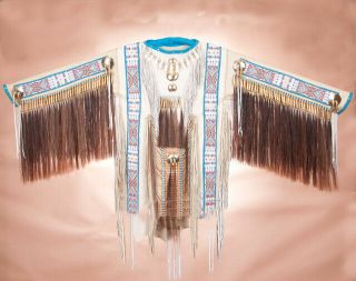 Authentic Native American Indian White Elk Hide Double Beaded War Shirt 66 " X 40 "