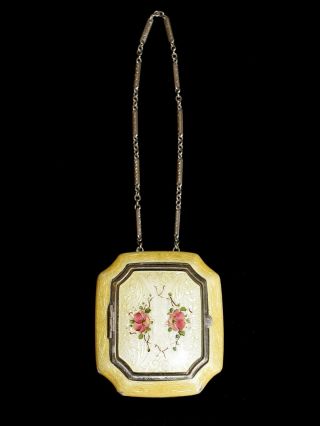 Stunning Antique Yellow Enamel Guilloche Hp Floral Compact W Wrist Chain