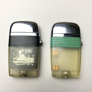 2x Vintage Scripto Vu Lighters Dice And Mississippi Paddle Boat