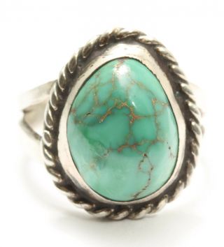 Vintage Navajo Sterling Silver Small Old Pawn Spiderweb Green Turquoise Ring 925