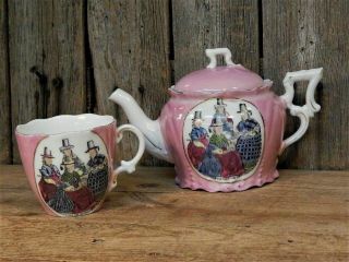 Antique Pottery Halloween 4 Welsh Witches Tea Party Teapot & Cup Set