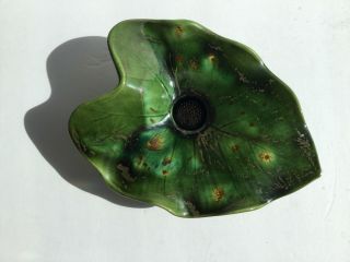 Vintage Ikebana Green Leaf Signed Km Art Pottery Flower Frog Metallic Glaze Vase
