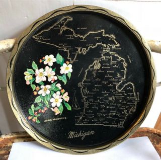 Vintage Michigan State Souvenir Black Metal Tin Tray W Map Apple Blossoms Flower