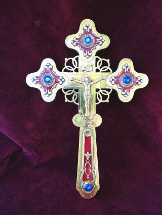 Old Russian Orthodox Large Blessing Cross Brass With Stones