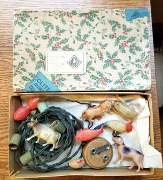 Early Boxed Set Of Celluloid Lights.  Battery Operated.  Fish,  Dog,  Frog,  Swan,  Et