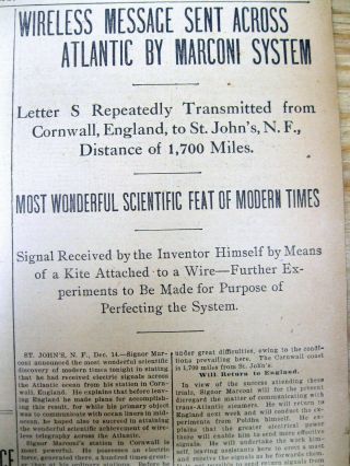 1901 Display Newspaper Marconi Sends 1st Wireless Radio Message Across Atlantic
