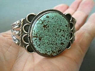 Old Native American Spiderweb 8 Turquoise Sterling Silver Stamped Bracelet