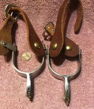 Vintage Childs Western Cowboy Stainless Steel Spurs With Straps 2 1/4” At Heel