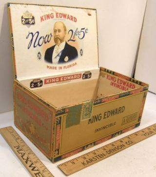 Antique Vintage Wood & Cardboard King Edward Vii Invincible Cigar Box 4 " Deep