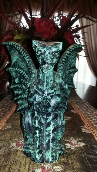 Winged Gargoyle Cast Iron Statue 9 " Tall Green Patina Heavy Candle Holder.