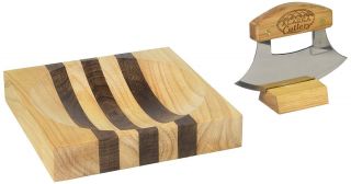 Alaska Ulu Knife Set - Curved Knife Wood Handle Plus Chopping Board With Bowl 8 "