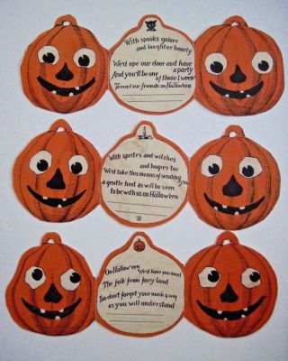 A Set Of 3 Vintage Halloween Party Invitations W/ Great Faces On Pumpkins (a)