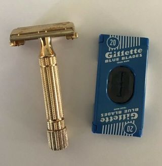 Vintage Gillette Aristocrat Safety Razor – Gold – C1,  1957 W/ Blue Blades