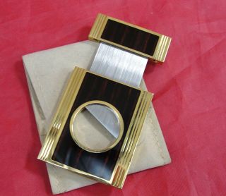 S.  T.  DUPONT FRANCE CIGAR CUTTER GOLD PLATED & BROWN LACQUER W/FELT CASE 4
