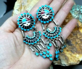 Native American Multi - Stone Sunface Inlay With Dangles Sterling Silver Earrings