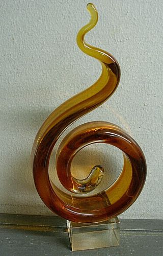 Vintage Murano Italian Art Glass Sculpture 10 " Amber Coil Spiral Swirl With Base