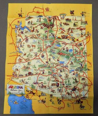 Vintage Arizona Road Map W/ George Avery Cartoon Map 1940 Travel West Art Scarce