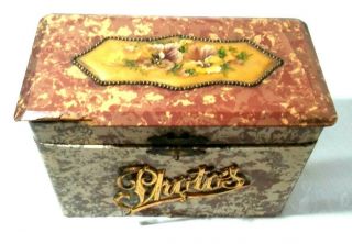 Vtg Antique Celluloid Photo Box Dresser Jewelry Box Hand Painted Pansy Flowers