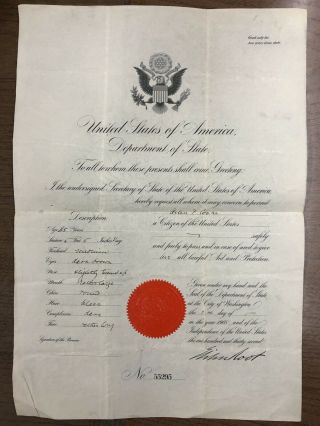 1908 Us Passport Signed By Elihu Root Roosevelt Sec Of State Nobel Prize Winner