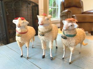 3 Victorian Putz Sheep With Bells And Ribbons Germany German Wooly Stick Leg Toy