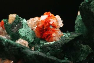 AESTHETIC Chalcotrichite in Calcite on Malachite after Azurite TSUMEB - Ex.  Flynn 3