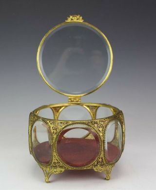 Ornate Gilt Brass Ormolu Pierced Filigree Beveled Glass Jewelry Trinket Box Rsm