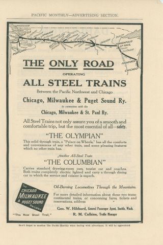 1911 Chicago Milwaukee & Puget Sound Railway Ad Only All Steel Trains Olympian