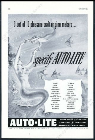 1948 Mermaid Pinup Pin - Up Art Auto Lite Spark Plugs Vintage Print Ad