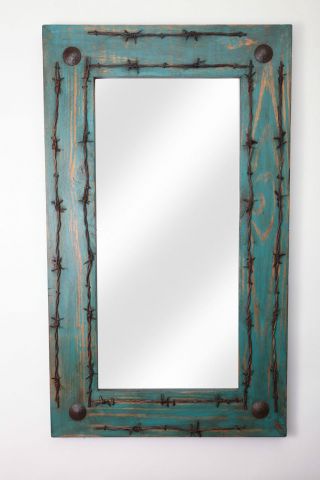 Old Ranch Rustic Barbed Wire Mirror - Mexican - 36x48 In - Western - Cowboy - Turquoise
