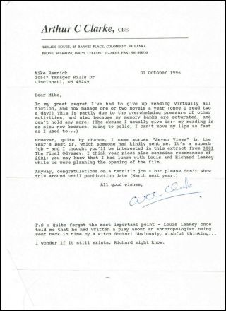 Sir Arthur C.  Clarke - - Signed Letter To Multiple Hugo Winner