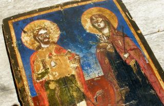 Antique Hand - Painted Greek or Russian Orthodox Byzantine Icon of Saint Anne 5